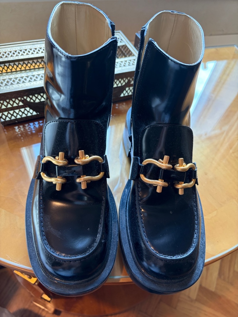 Bottega Veneta Black Patent Leather Ankle Booties with Gold-Tone Horsebit